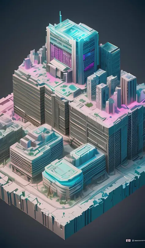 dskise, (isometric) , (flower), (vaporwave), isometric cutaway of a crystalized dilapidated city, cityscape, volumetric lighting ,FXAA, Chromatic Aberration, Concept Art, 8k Concept Art, Greg Rutowski, (unreal engine), octane render, dskise