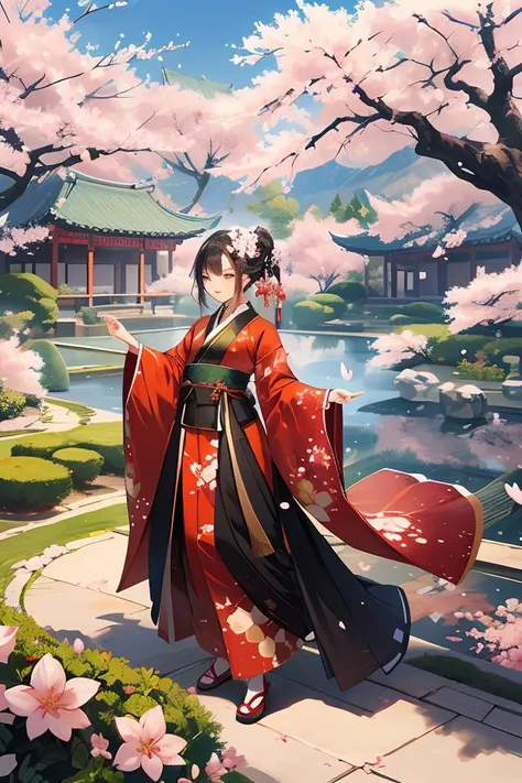 1gril,hanfu,orinetal architecture,eastern garden,butterfly,falling cherry blossoms,phoenix