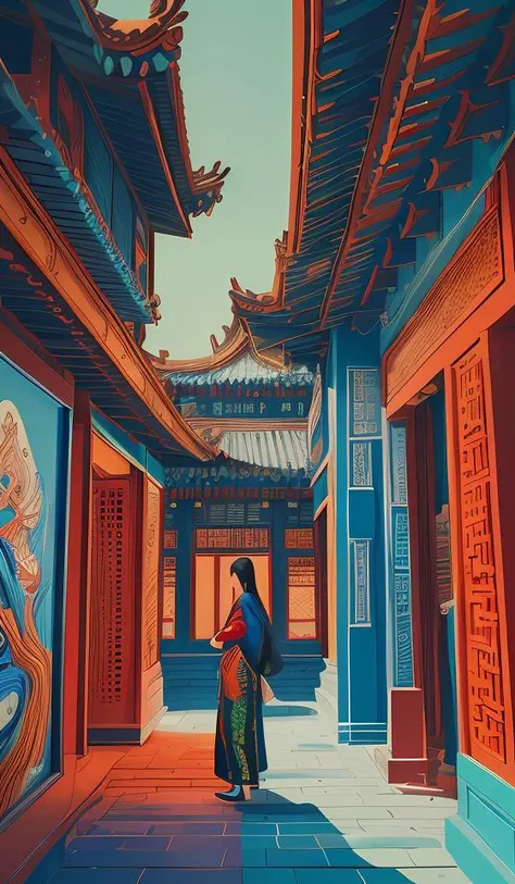 Abstract, 8K, photo shot from front, mid-body portrait, highly-detailed, (flat color:1.1),(colorful:1.3),(masterpiece:1.2), best quality, masterpiece, original, extremely detailed wallpaper, looking at viewer, oriental city,eastern architecture,a lot of de...