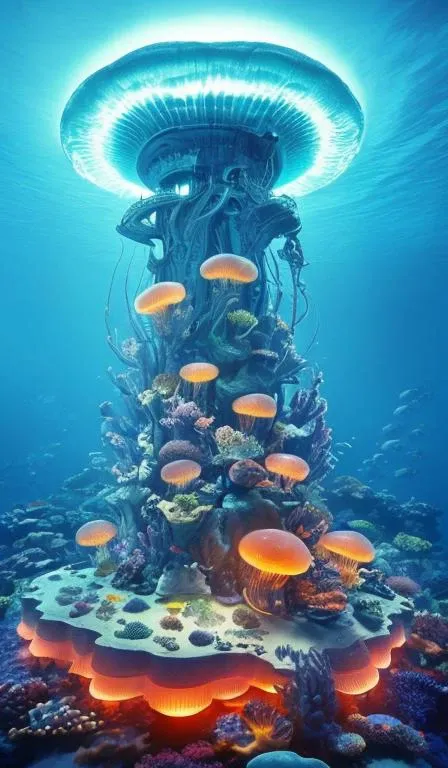 a giant city under the sea,architecture,blue spot,many pure jellyfish,orange light,