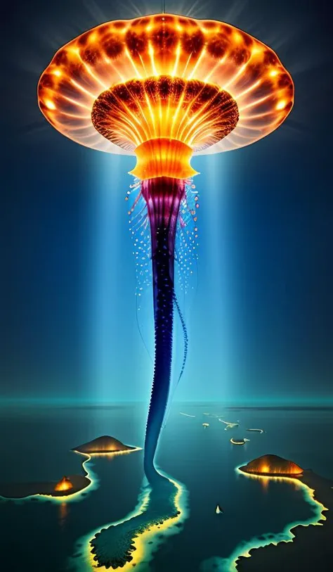 a giant city under the sea,architecture,blue spot,many pure jellyfish,orange light,