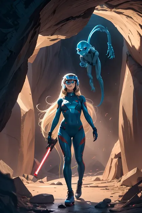 sexy blond Samus Aran from Metroid wearing blue suit with high platforms standing on a floor of a cave near ((grey humanoid monster)) hiding behind a rock and looking at her,
interior of alien cave in Hans Ruedi Giger style,
beautiful face,perfect face,
si...