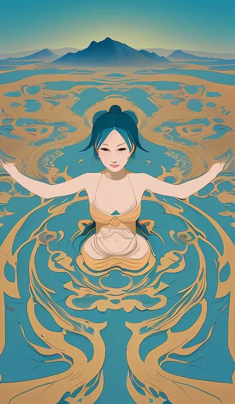 DUNHUANG,DUNHUANG BACKGROUND,DUNHUANG FACE,(masterpiece, best quality:1.3), (flat color:1.3),(colorful:1.3),looking at viewer,1girl,solo,floating colorful water,(2D:1.3)