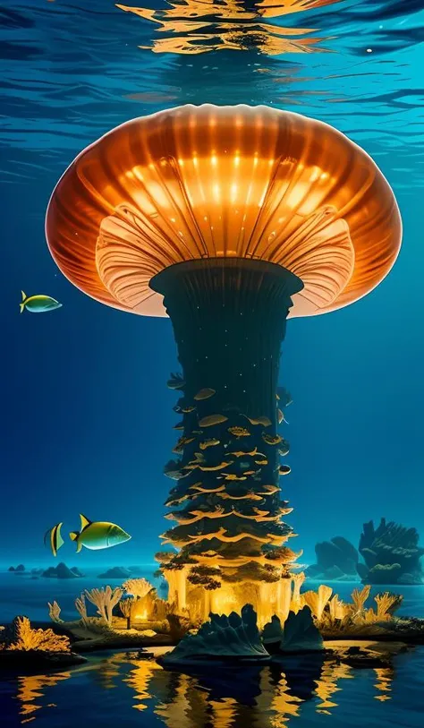 a giant city under the sea,architecture,blue spot,many pure jellyfish,orange light,