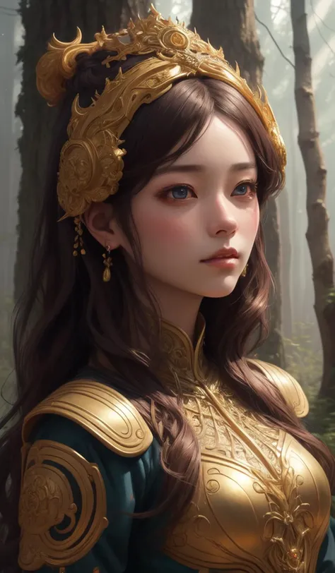 a masterpiece ultrarealistic ultradetailed portrait of a beautiful girl in incredible goledn armor. baroque renaissance. in forest. medium shot, intricate, elegant, highly detailed. trending on artstation, digital art, by stanley artgerm lau, wlop, rossdra...