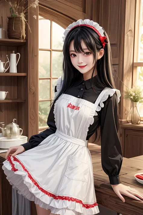 alice in wonderland,1girl, long black hair, red dress, frilly white apron, hairband,smiling,warm colors, masterpiece, best quality, <lora:add_detail:0.5>