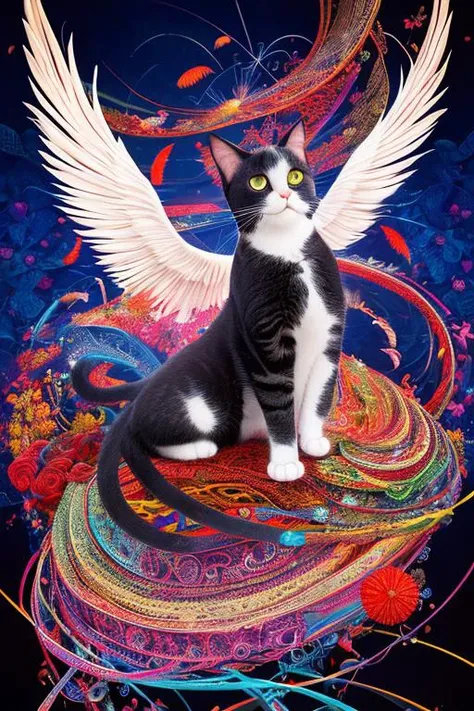 masterpiece, top quality, best quality, official art, beautiful and aesthetic, (cat catcore:1.3), extremely detailed, fractal art, colorful flowers, highest detailed, zentangle, dynamic pose, abstract background, many colors, earrings, feathers