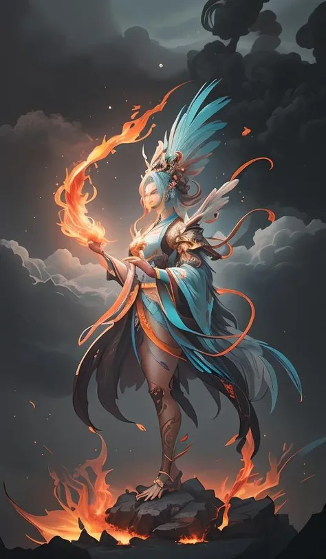 high quality, solo, a [bird|girl], single leg, (fire:1.2), white beak, cyan feather,<lora:BiFangBird:0.9>,close up,oriental architecture,eastern garden,cloudy and smoke,zhongfenghua<lora:zhongfenghuaxiyou:0.1>,abstract dream, space, intricate, grand scale,...