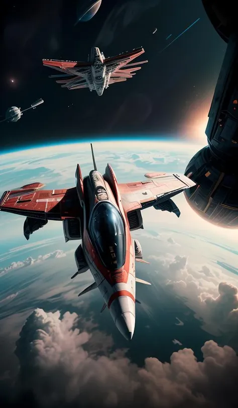 a (red and white:1.2) fighter starship flying in space,abstract dream, space, intricate, grand scale, alone, cinematic film still, insane detail, sharp focus, depth of field, realistic lighting, (realistic perspective), complex, (multiple subjects), 4k HDR...
