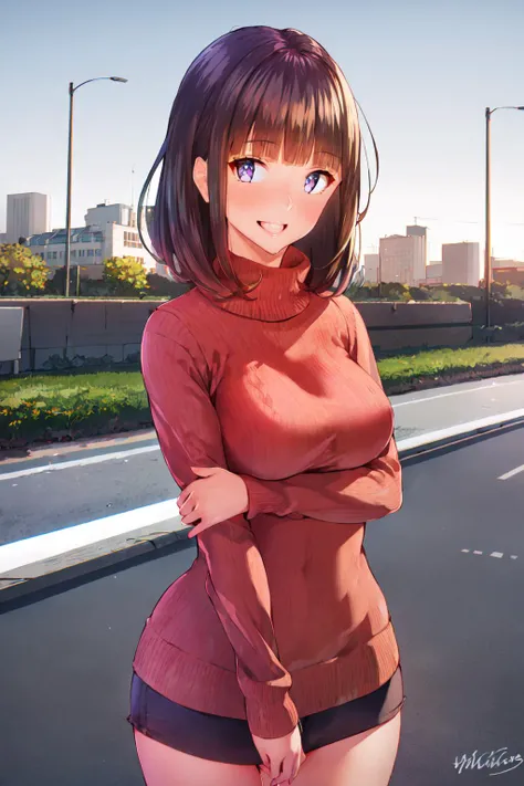 (masterpiece, best quality:1.2), <lora:style_nanahime-20:1>, solo, 1girl, smile, looking at viewer, ribbed sweater, cityscape, street