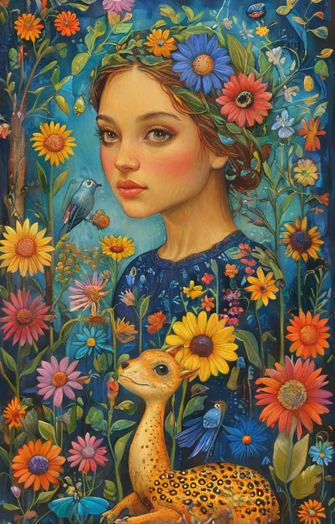 a painting of a girl with a deer and flowers in her hair