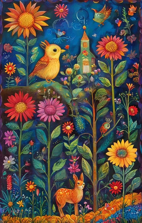 a painting of a bird and a deer in a field of flowers