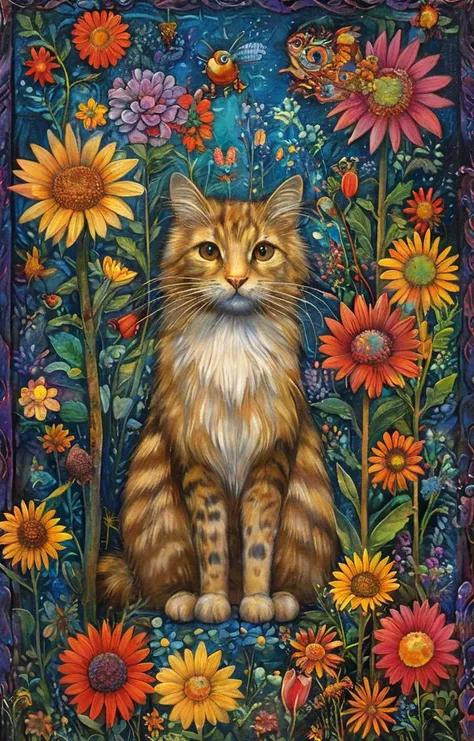 a painting of a cat sitting in a garden of flowers