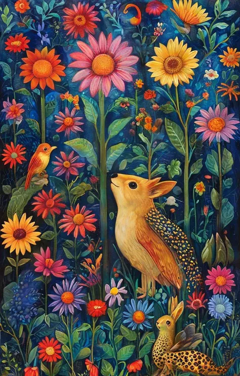 painting of a bird and a bird sitting in a field of flowers