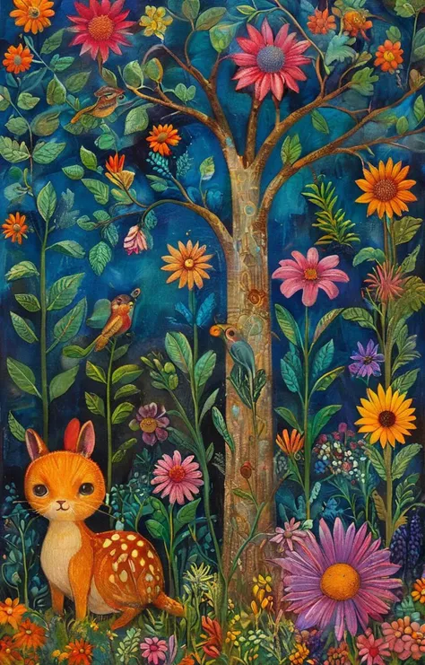 painting of a cat in a garden with flowers and trees