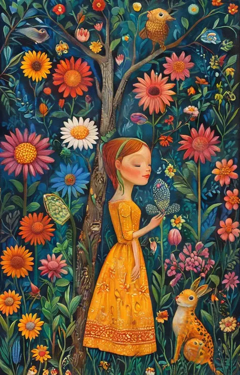 a painting of a girl in a yellow dress standing in a field of flowers