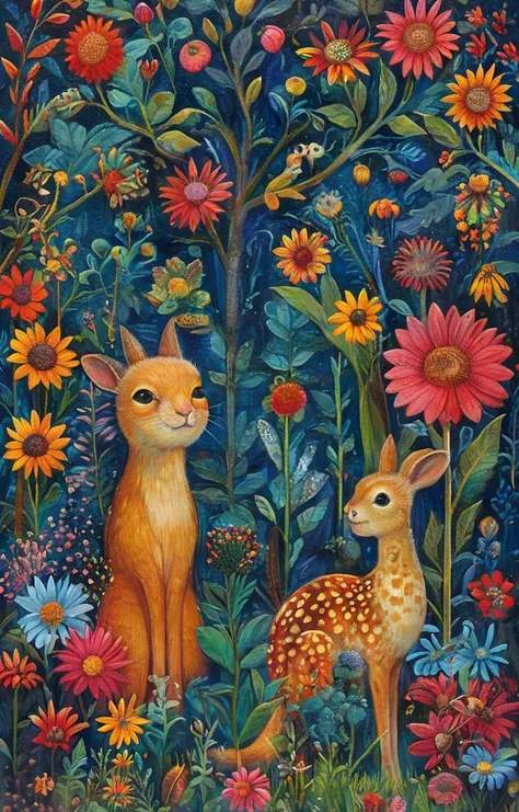 a painting of two cats and a deer in a garden