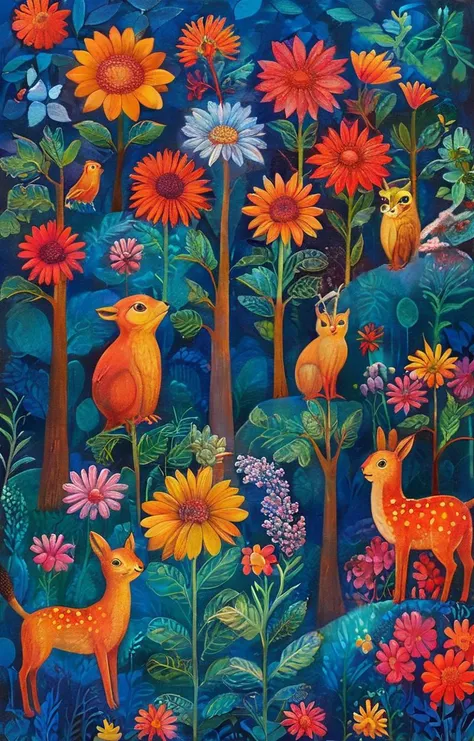 a painting of a forest with flowers and birds in it