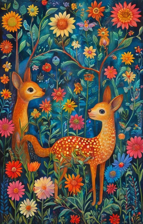 a painting of two deers in a field of flowers