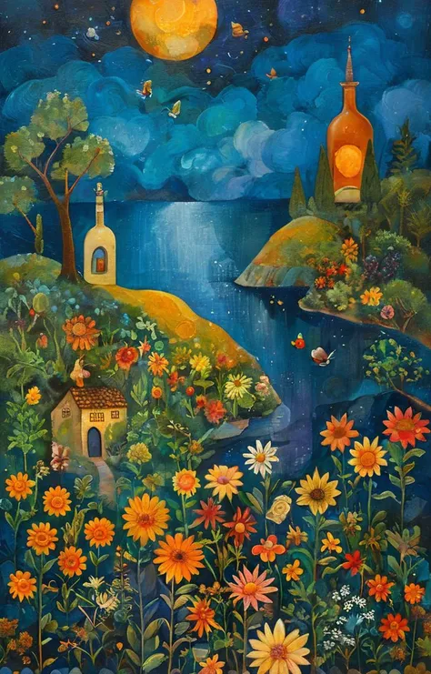 painting of a painting of a night scene with a lake and a church