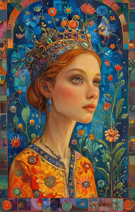 a painting of a woman wearing a crown and a colorful dress