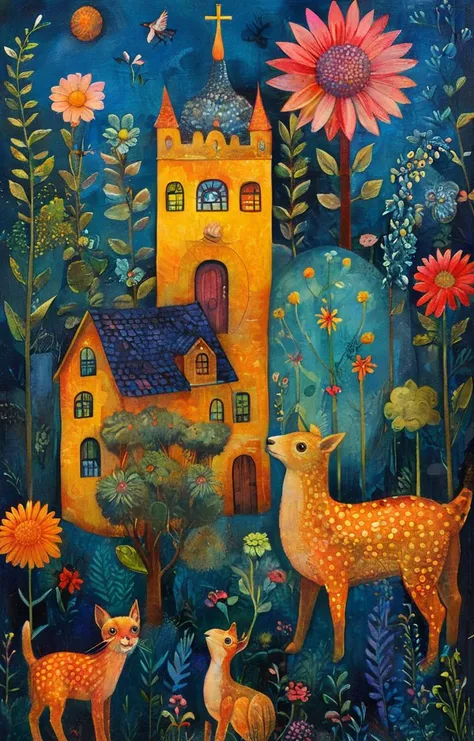 a painting of a house with a deer and two deers in front of it