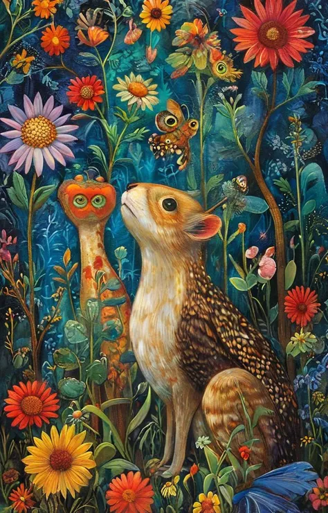 a painting of a rabbit and a bird in a garden