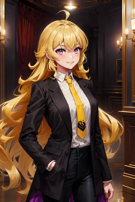 masterpiece,best quality,1girl,yang xiao long,ahoge,blonde hair,purple eyes,large breasts,(formal,tuxedo,black coat,black pants,yellow necktie),light smile,standing,hand forward,luxury hall,cowboy shot,<lora:rwby_xiaolong:1>,