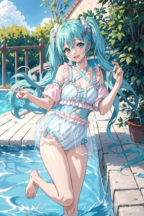 1girl, Hatsune Miku, masterpiece, best quality, cute_swimsuit, solo, smile, looking at viewer, barefoot, dynamic pose, poolside, outdoors,  <lora:cute_swimsuit_style1_v5:0.5>