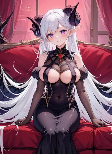 1girl,solo,
jewelry,large breasts,
,black nightgown, curled horns, , elbow gloves,black gloves,
white hair,very long hair,demon wings,pointy ears,purple eyes, 
, light smile, ,  
sitting,indoors,couch,red moon,  <lora:AlbionSuccubusNightgownV1:1>,