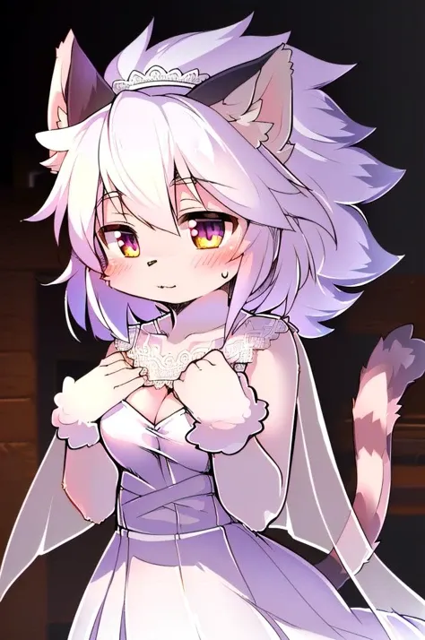 (masterpiece, best quality, hires), style-bridal, <lora:workyoufucknugget:1>, elh, cat ears, cat girl, short hair, furry female, white hair, blush