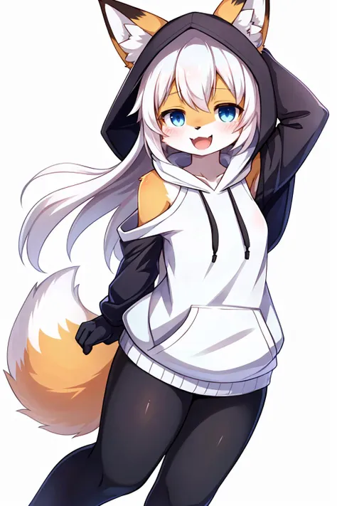 best quality, kemono, anime, female, furry, anthro, full body, solo, :d, ^_^, ahoge, animal_ear_fluff, animal_ears, bangs, bare_...