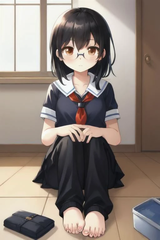 black hair, brown eyes, human girl, wear school uniform and glasses and safety pants, sitting on floor, painting toenails