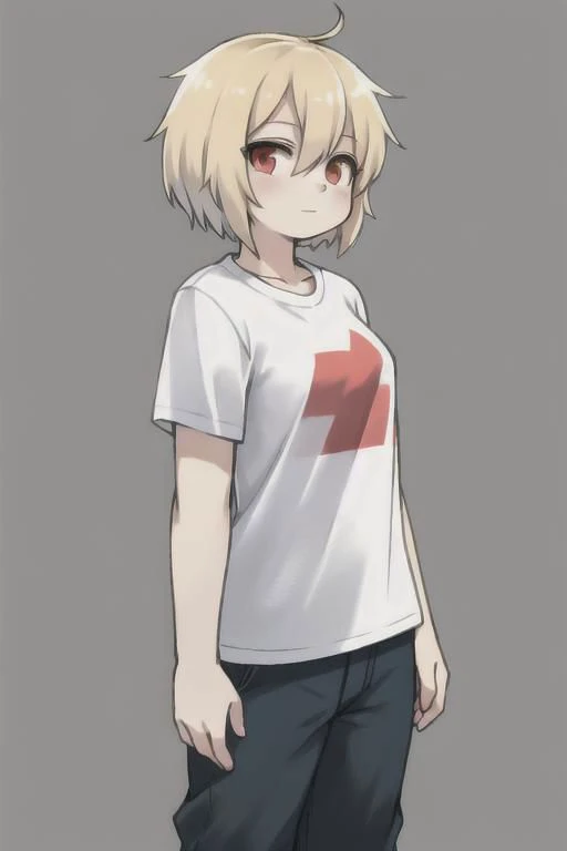 blonde hair, red eyes, human girl, wearing a shirt and pants, standing