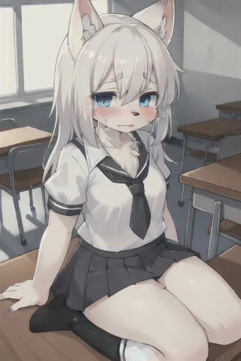 white hair, blue eyes, human girl, wearing a school uniform and socks, kneeling on the table in the classroom, breathing, skin becoming dark grey and furry, painful face, wolf ears, crying