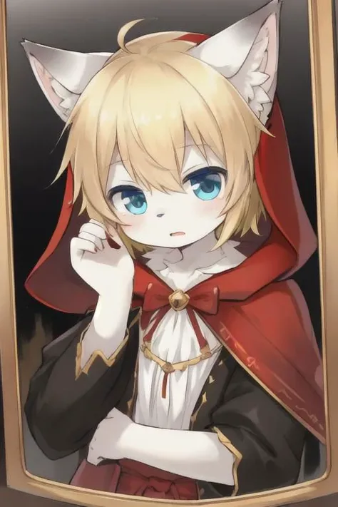 gold hair, blue eyes, human boy, wear little Red Riding Hood costume and fake black wolf ears, siting in front of mirror, panic face, skin become furry, white skin