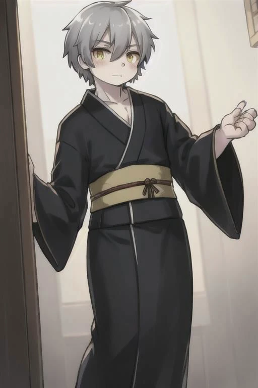 grey hair, yellow eyes, human boy, wearing a mens kimono