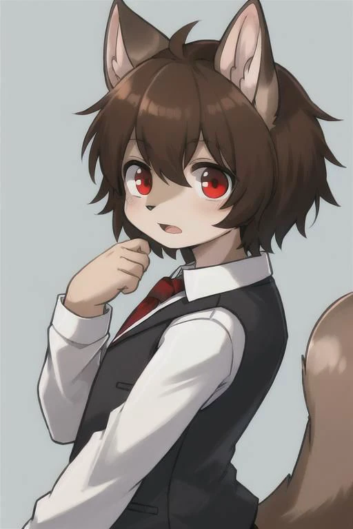 brown hair, red eyes, a human boy, wearing a school uniform, a shocking face, skin become and furry, squirrel ears