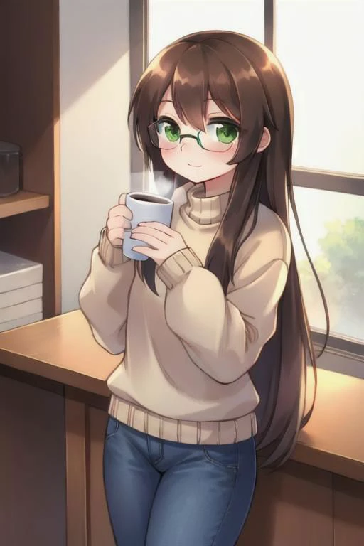 brown long hair, green eyes, human girl, wear sweater and glasses and jeans, holding coffee cup