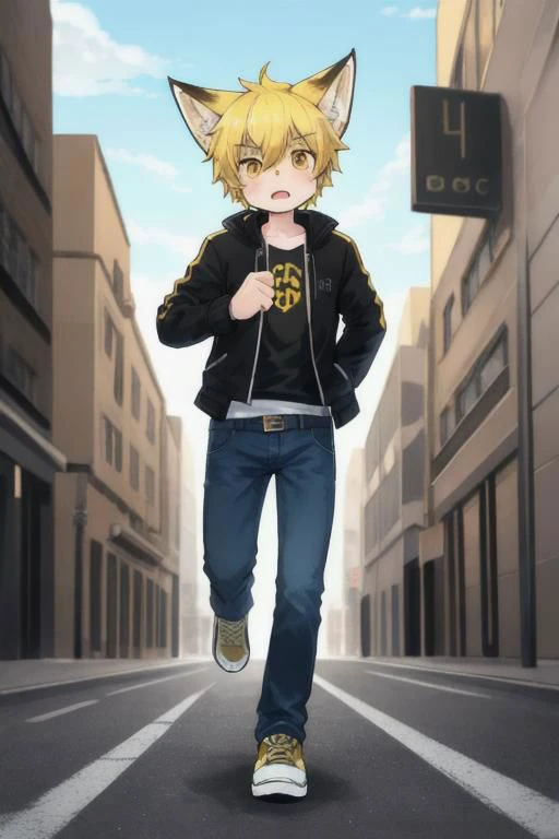 yellow hair, yellow eyes, a human boy, wearing a jacket and short jeans, running on the street, panic face, small sizes boy, fox ears