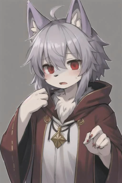 grey hair, red eyes, a human boy, wearing a wizard robe, a shocked face, skin becoming Lavender and furry, wolf ears