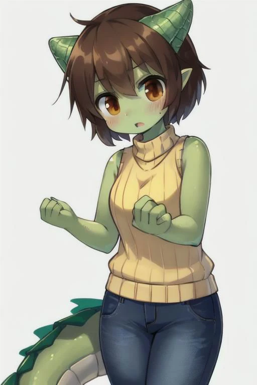 brown short hair, brown eyes, human girl, wearing a sleeveless sweater and short jeans, shocking face, skin become like dragon scale, green skin, dragon horns and ears,