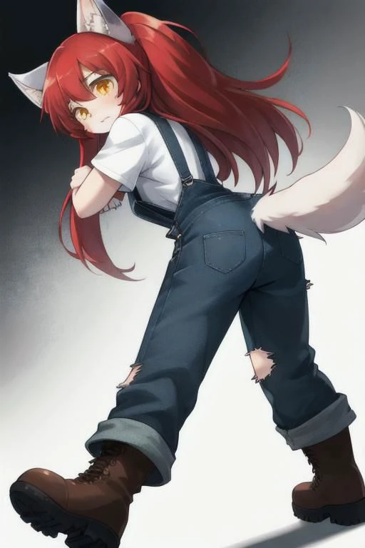 red long hair, yellow eyes, a human girl, wearing a shirt with 
 torn overalls and boots, a shocking face, legs become furry, wolf tail torn overalls, back angle