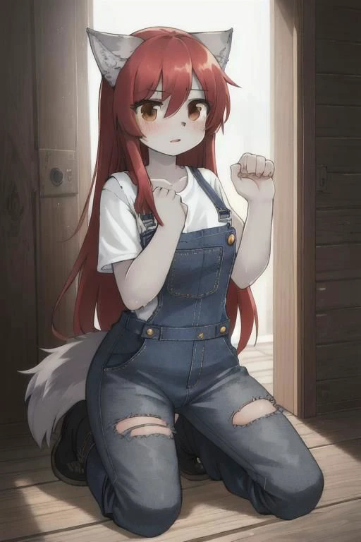 red long hair, brown eyes, human girl, wearing a shirt with torn overalls and boots, kneeling, skin becomes grey and furry, wolf tail torn overalls, shocking face, grey skin