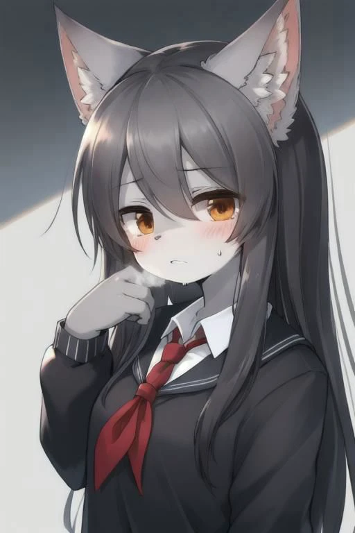 black long hair, brown eyes, human girl, wear school uniform, painful face, skin become furry, grey fox ear, breathing, grey skin,