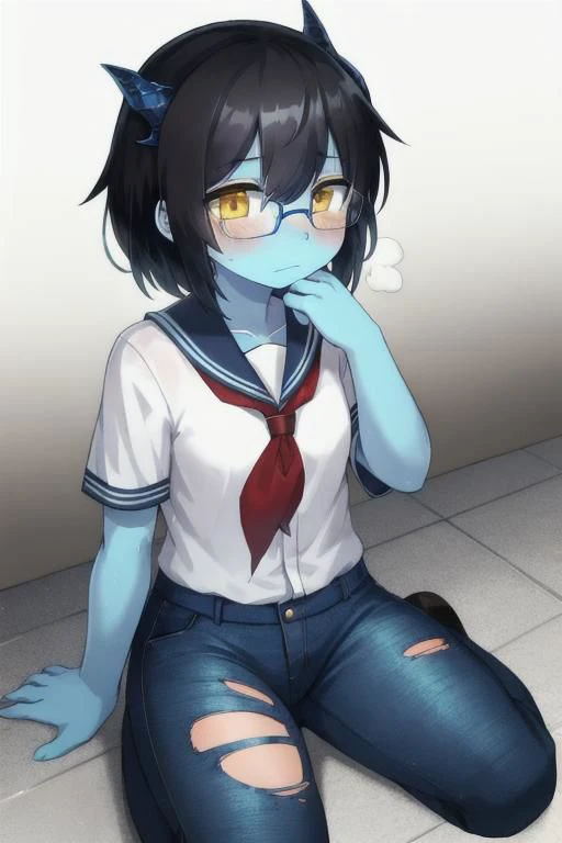 black hair, yellow eyes, human girl, wear torn school uniform and glasses and torn safety pants, sitting on floor, breathing, confused face, skin cover by blue dragon skin, dragon horns, blue skin