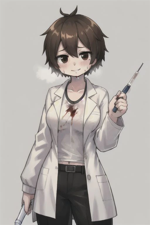 light brown short hair, black eyes, human girl, wearing a shirt with Lab Coat and pants, holding a syringe having wounds on the body smile, breathing,sweating, blood on clothes