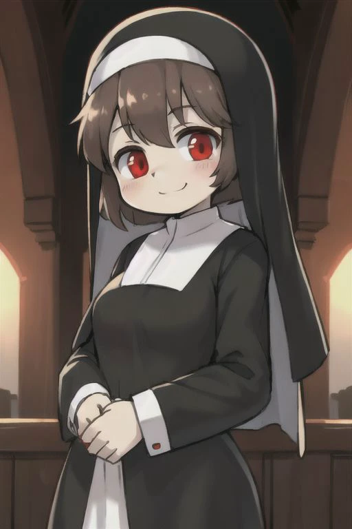 brown hair, red eyes, nun girl, standing, smile