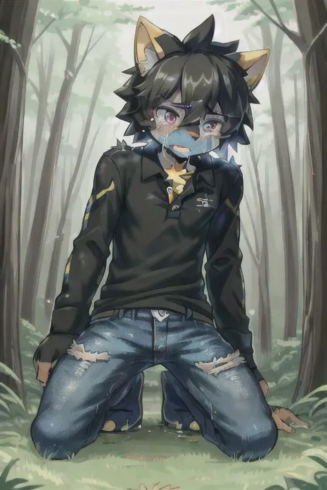 purple eyes, luxray boy, wearing a broken polo and broken jeans, running in the forest, crying,, feeling pain,kneeling down