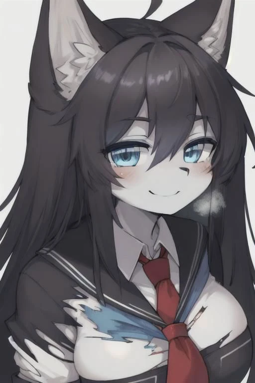 black long hair, blue eyes, human girl, big breast, wear torn school uniform, smile, horny face, skin become furry, grey fox ear, breathing, grey skin,